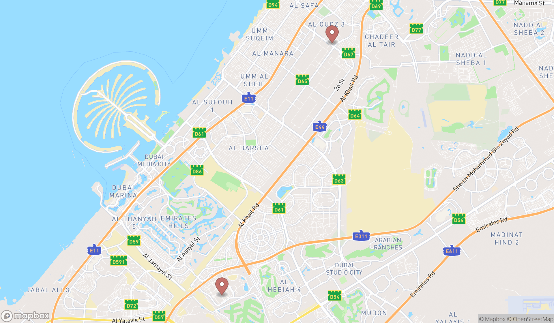 Map showing the search results in Dubai