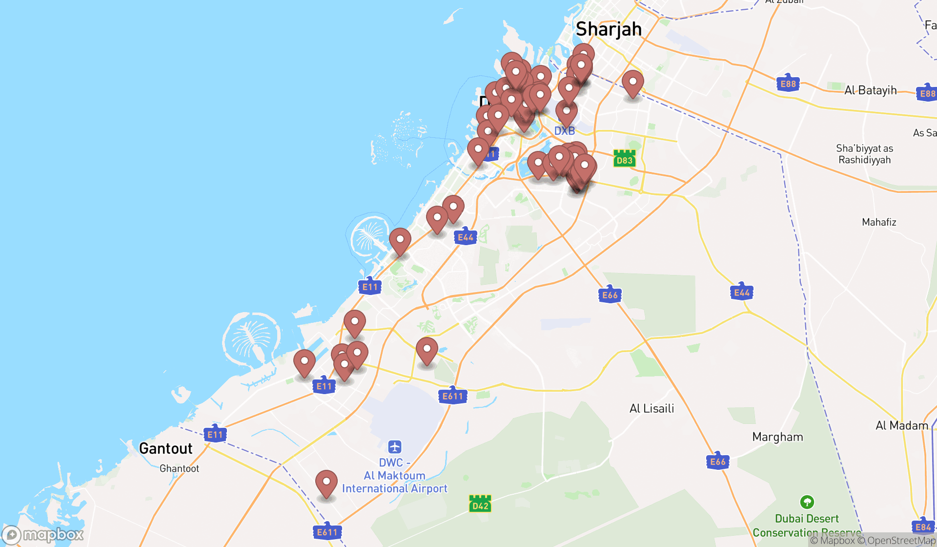 Map showing the search results in Dubai