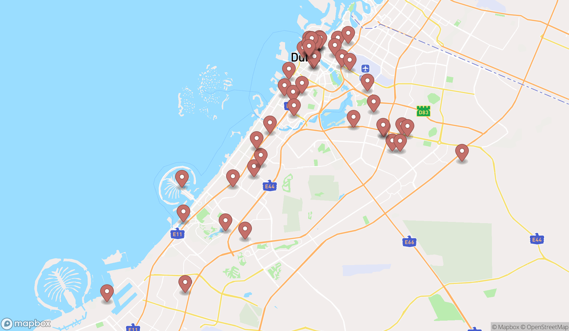 Map showing the search results in Dubai