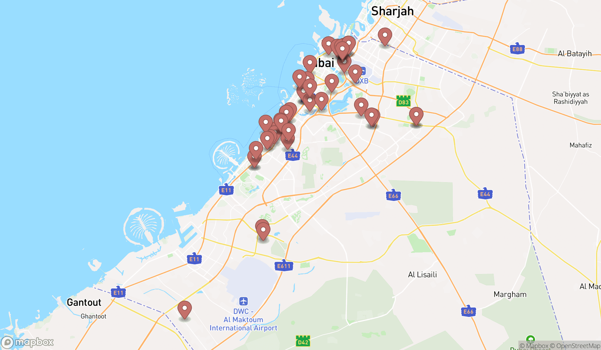 Map showing the search results in Dubai