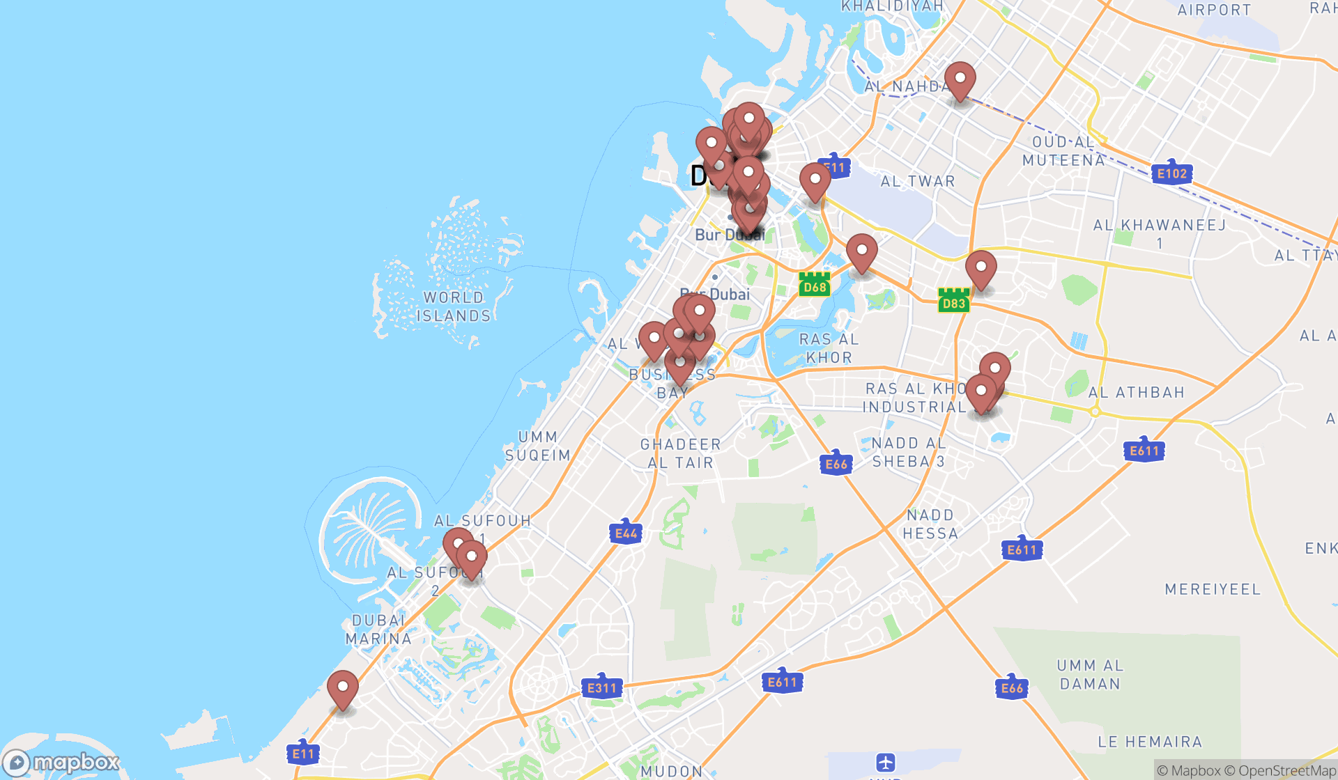 Map showing the search results in Dubai