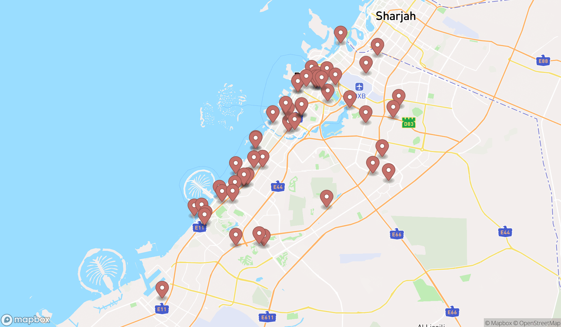 Map showing the search results in Dubai