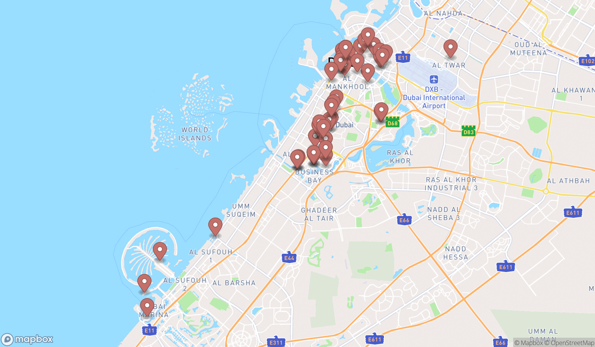 Map showing the search results in Dubai