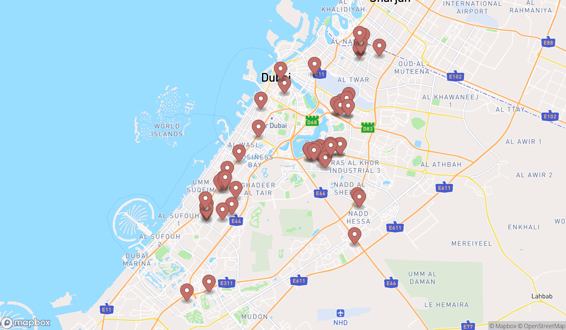 Map showing the search results in Dubai