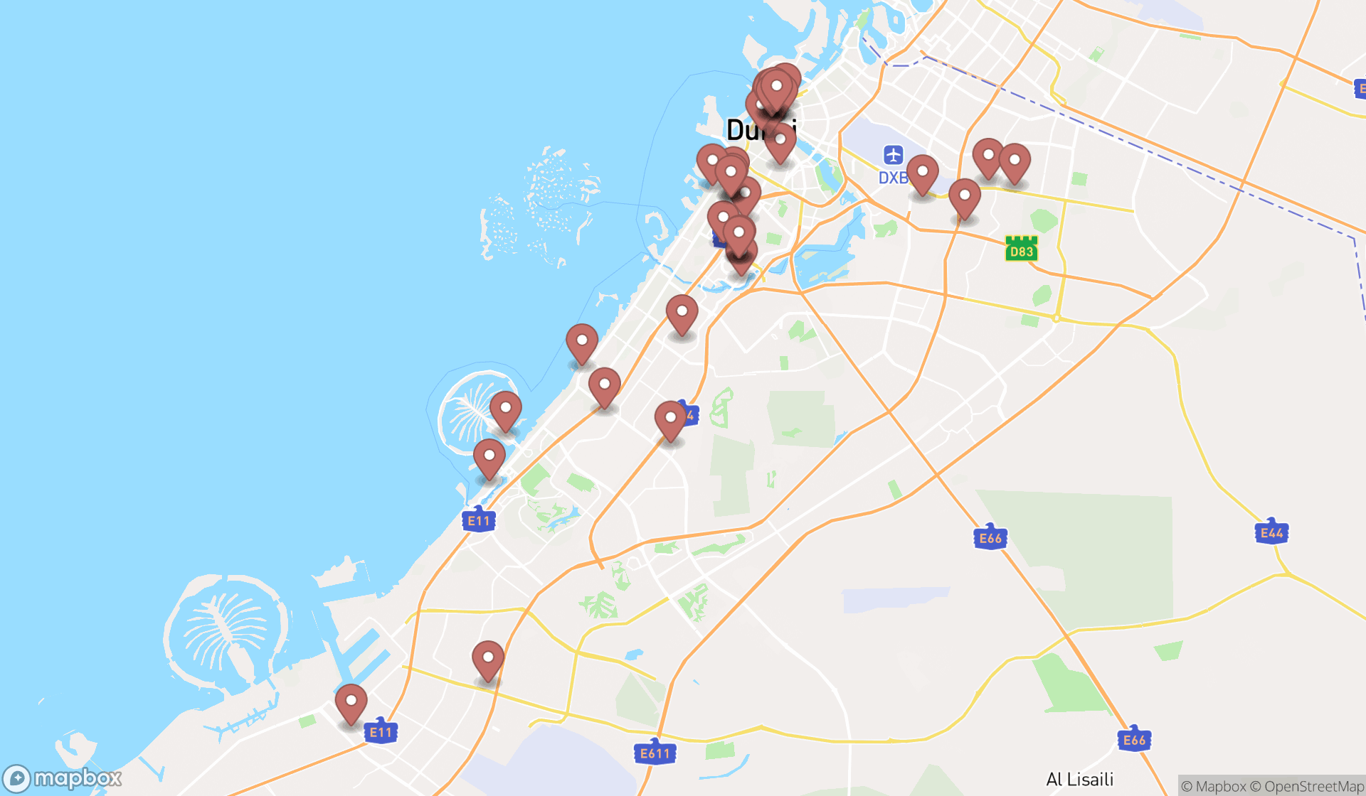Map showing the search results in Dubai