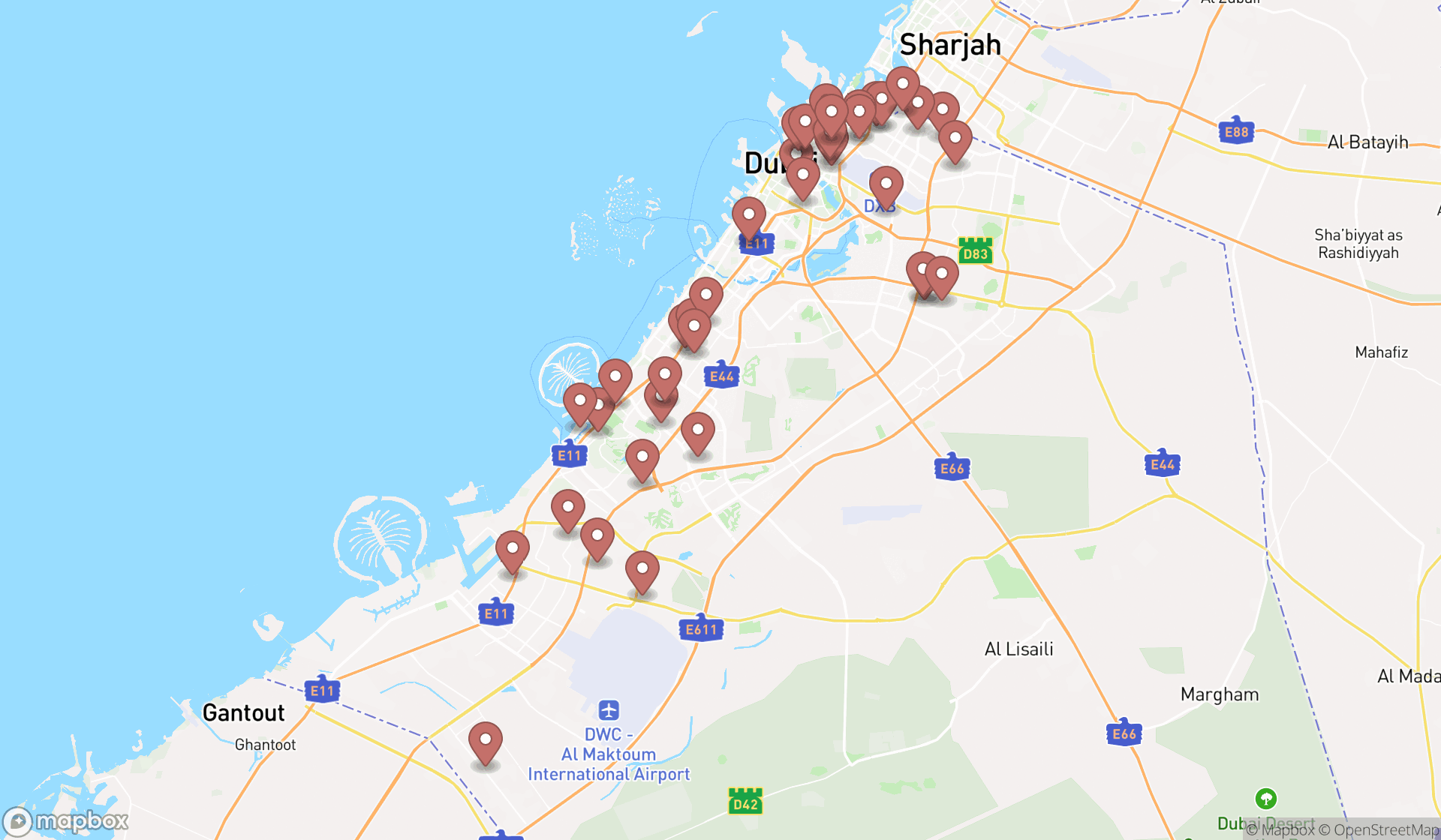 Map showing the search results in Dubai