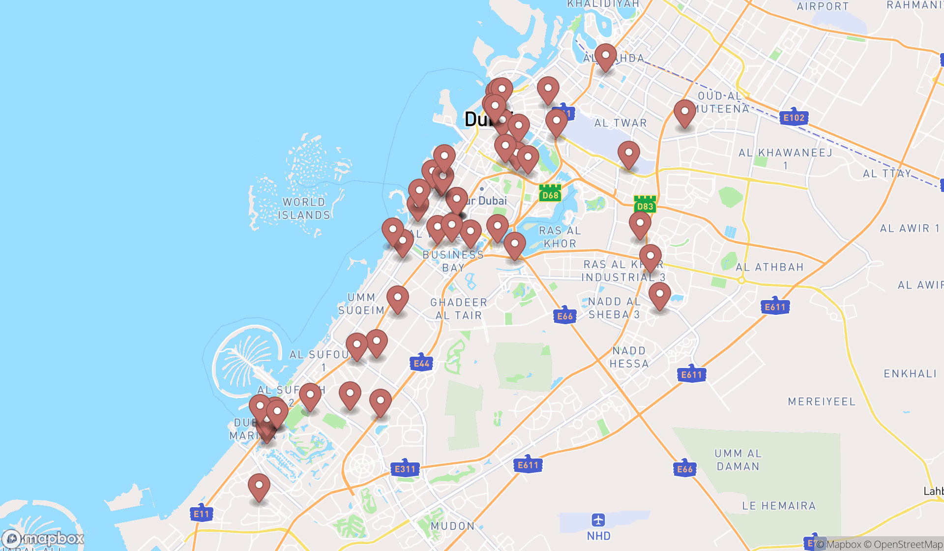 Map showing the search results in Dubai
