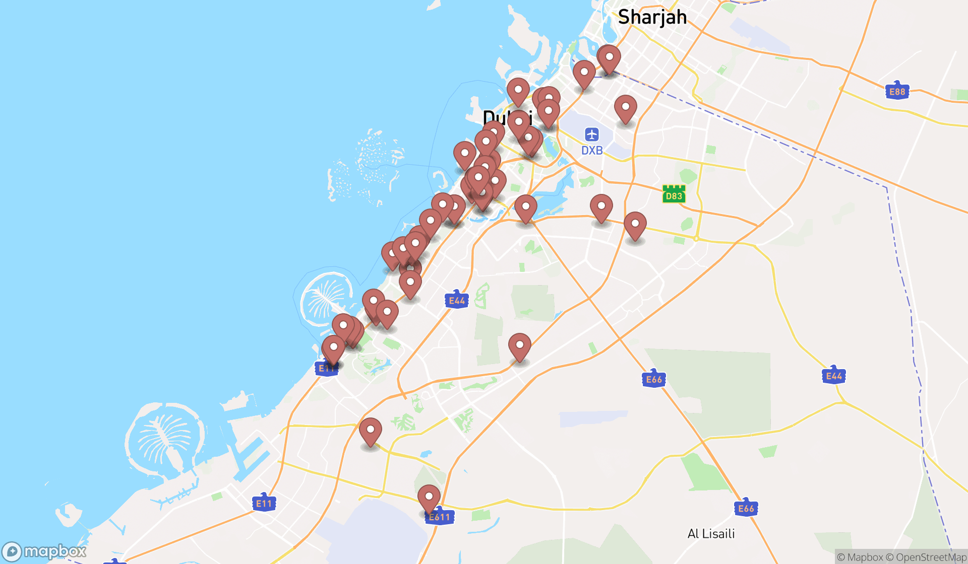 Map showing the search results in Dubai