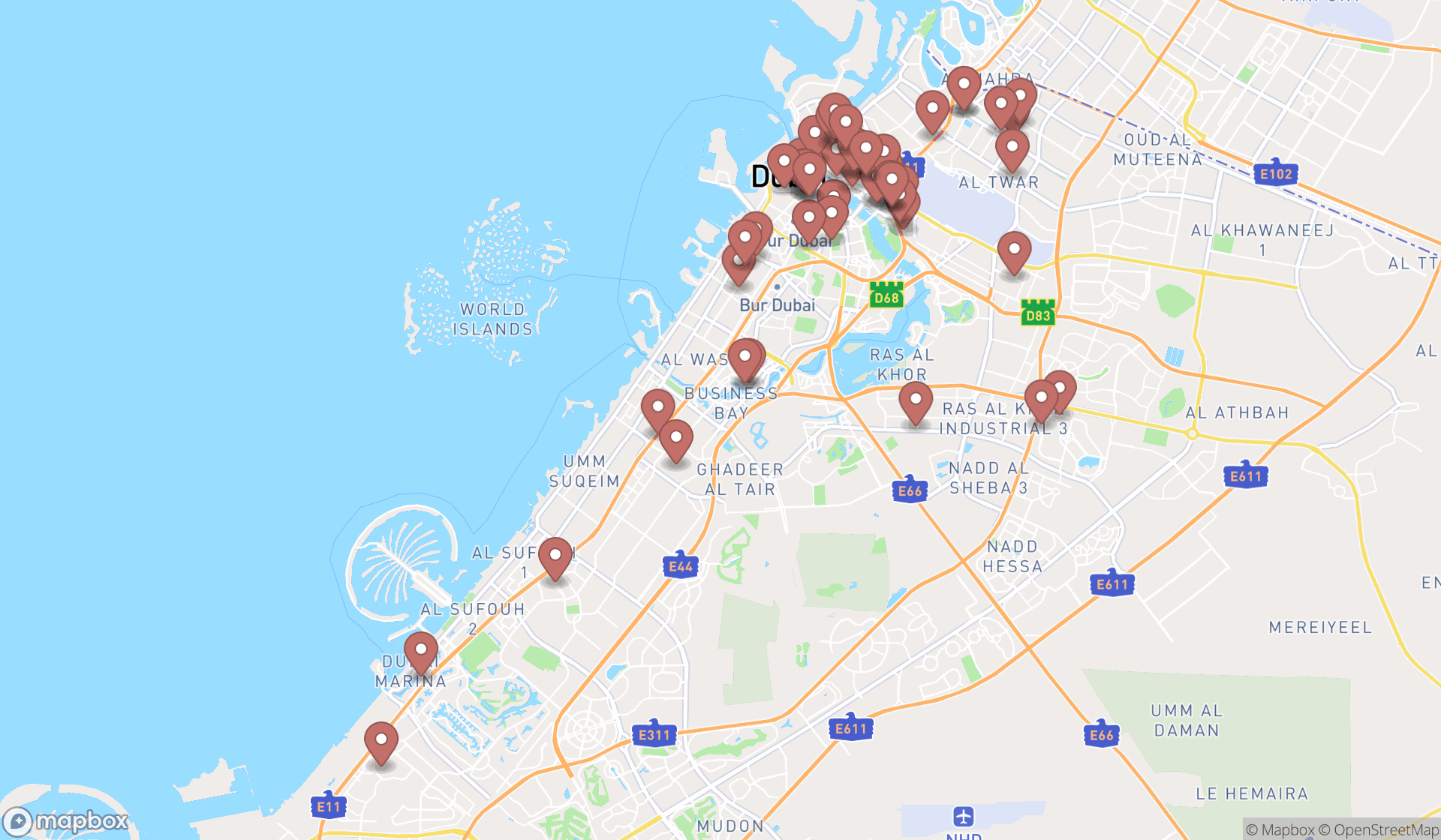 Map showing the search results in Dubai