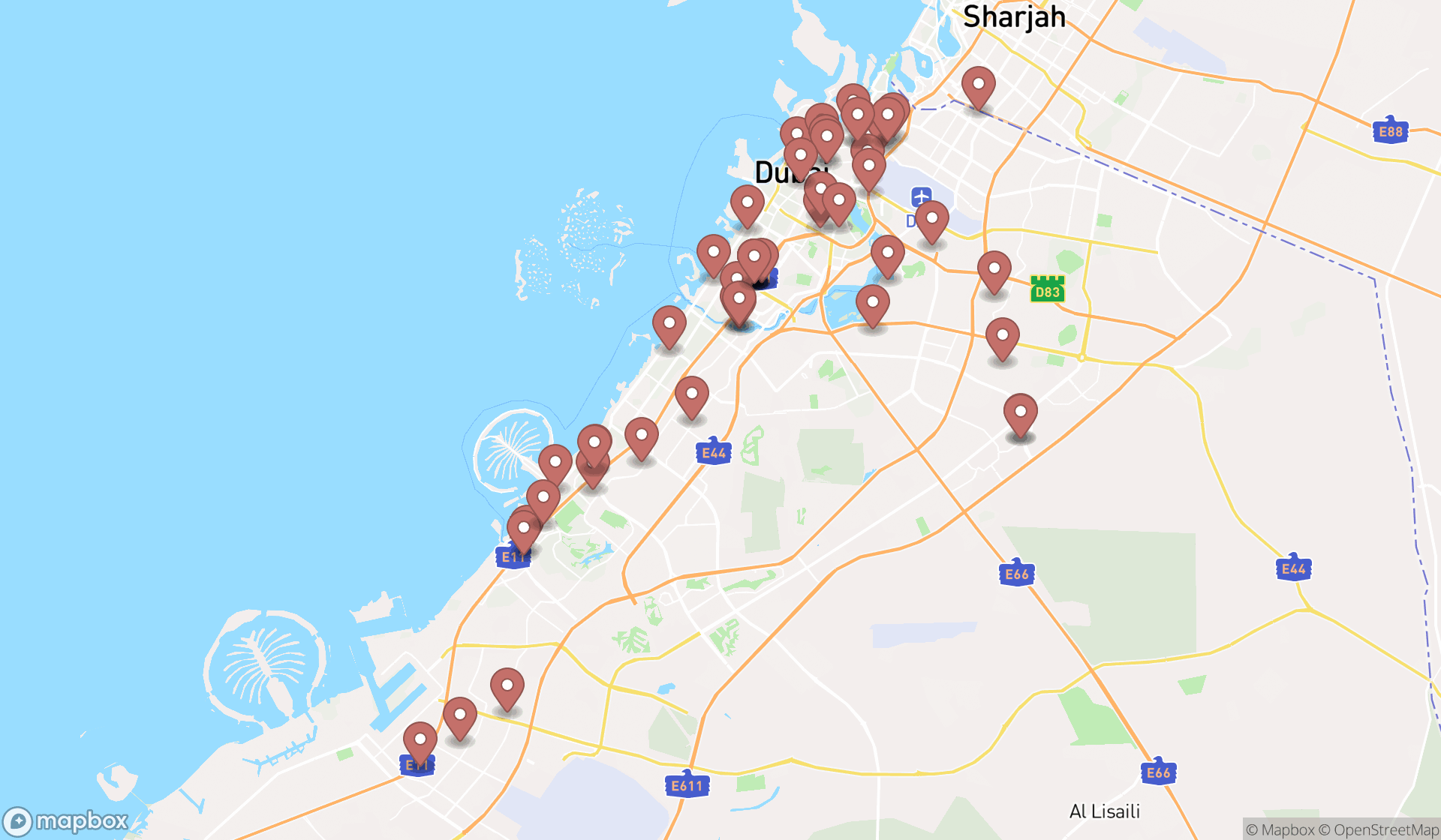 Map showing the search results in Dubai