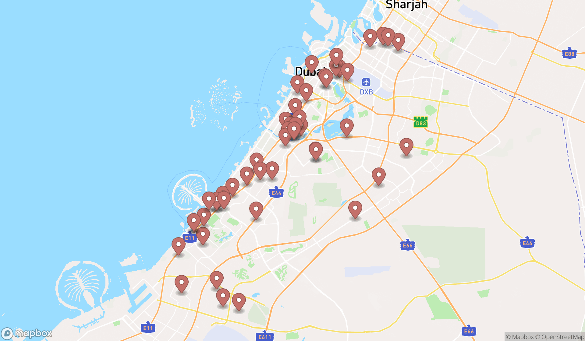 Map showing the search results in Dubai