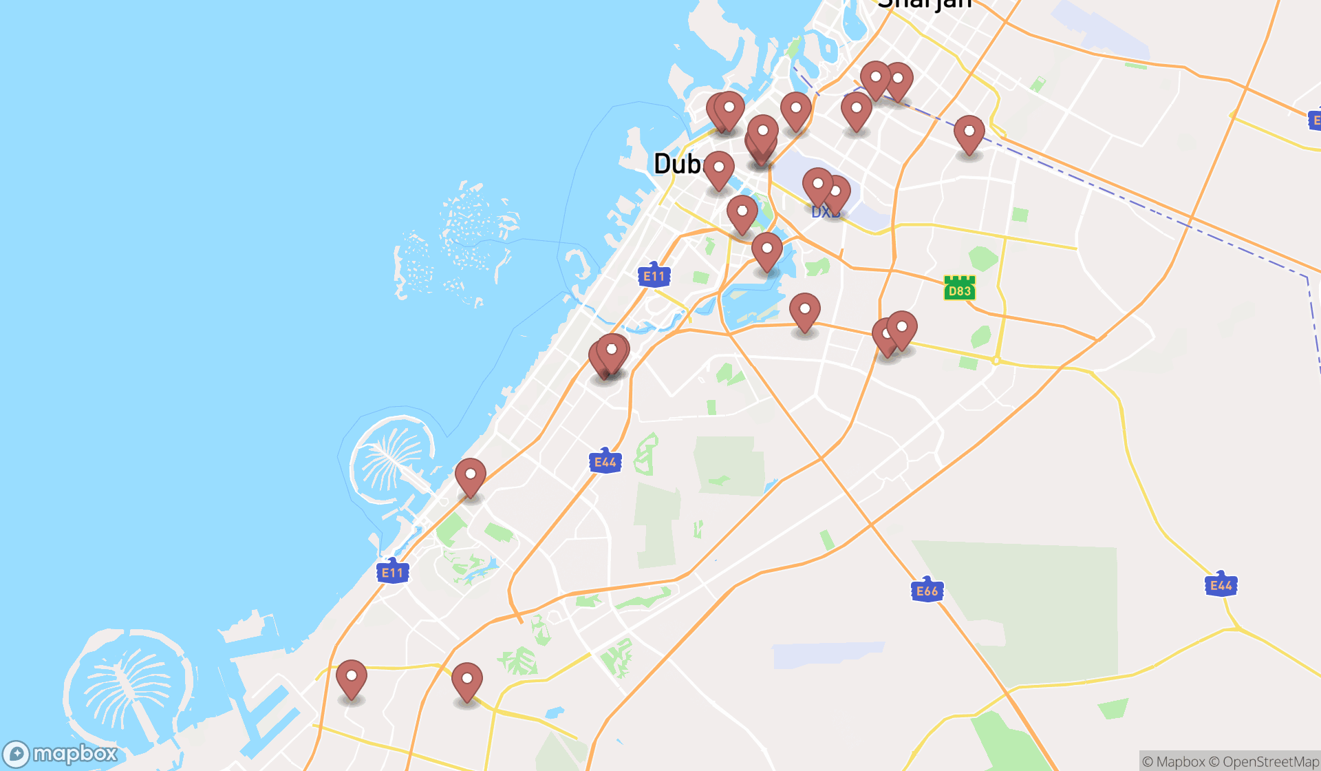 Map showing the search results in Dubai