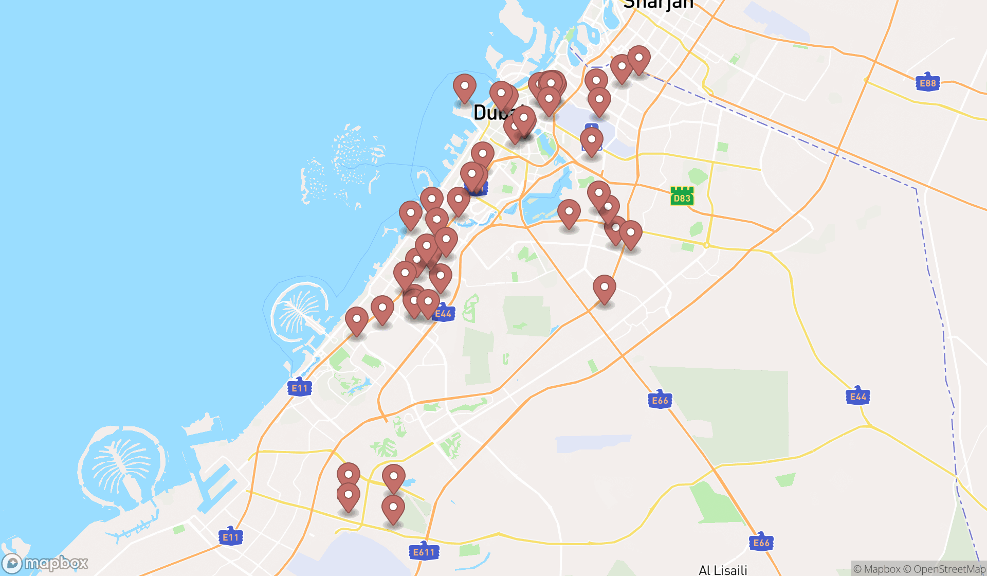 Map showing the search results in Dubai