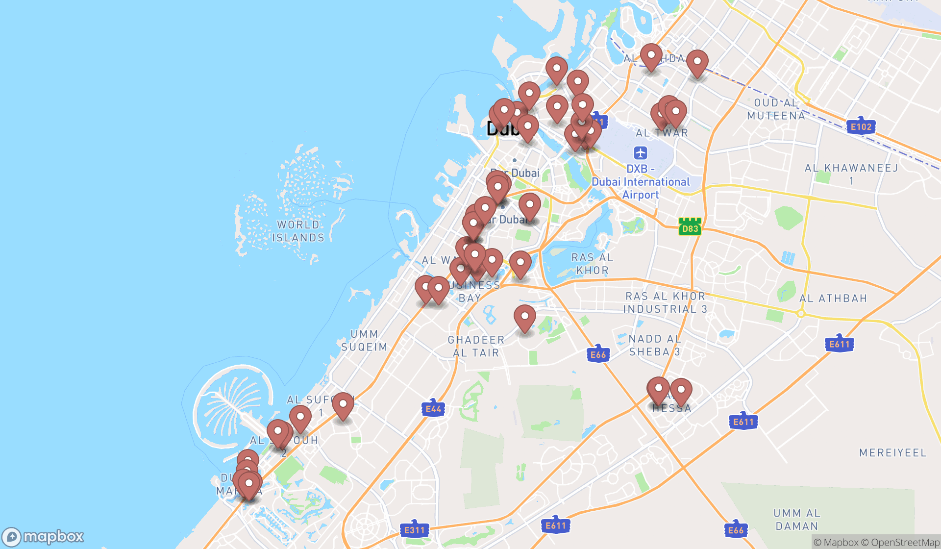 Map showing the search results in Dubai