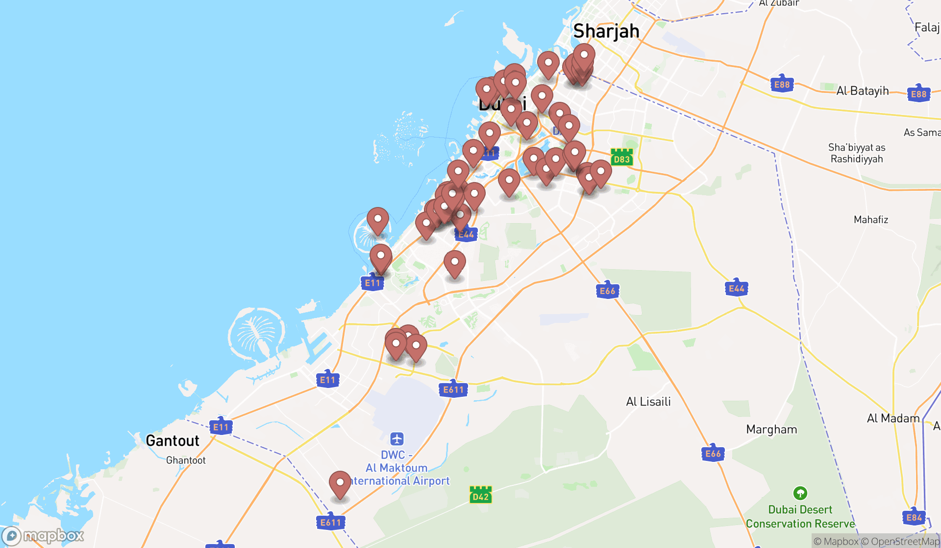 Map showing the search results in Dubai