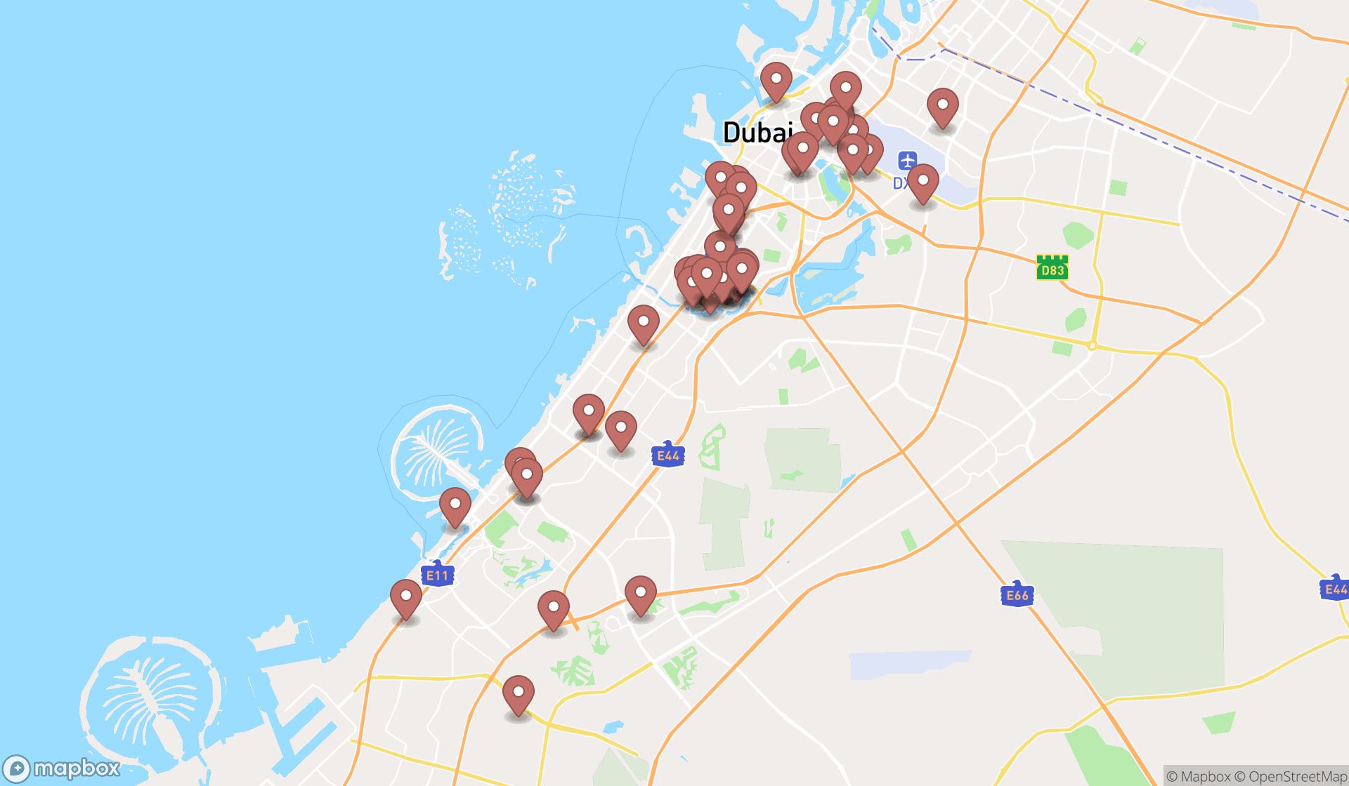 Map showing the search results in Dubai
