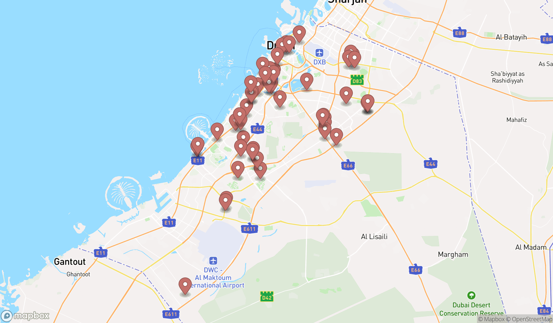 Map showing the search results in Dubai