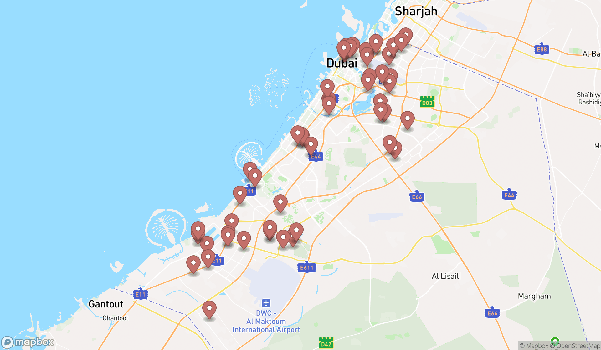Map showing the search results in Dubai