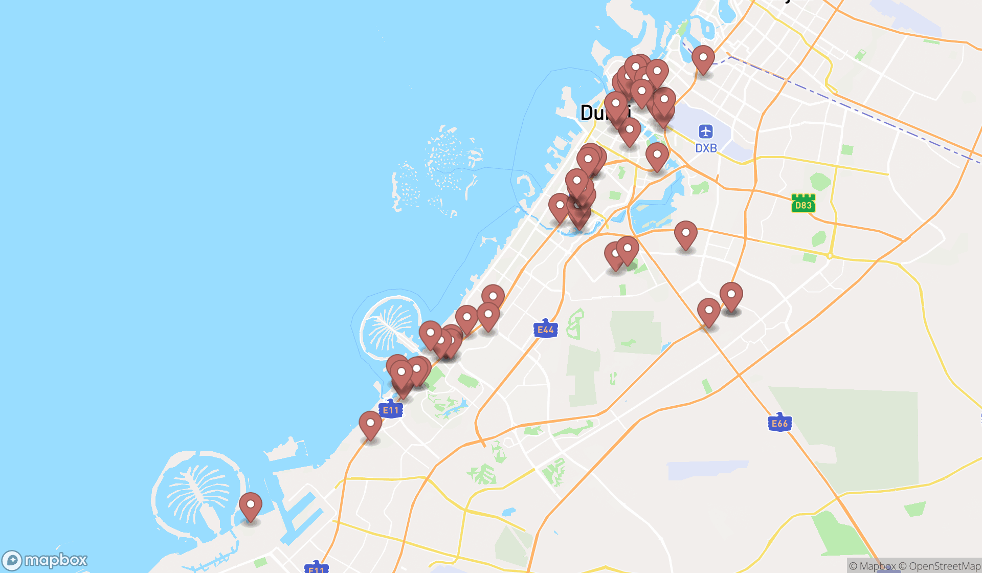 Map showing the search results in Dubai