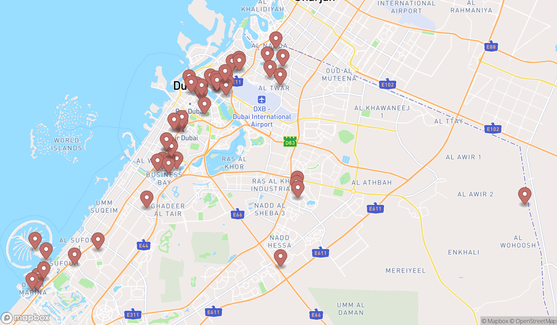 Map showing the search results in Dubai