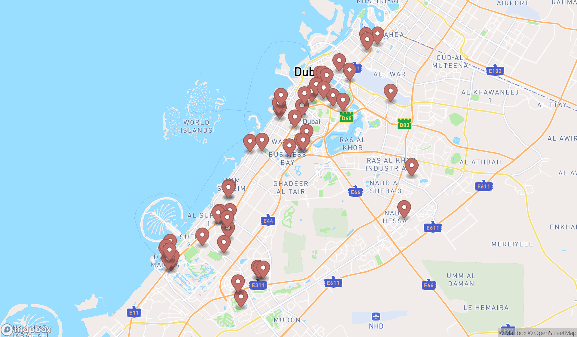 Map showing the search results in Dubai
