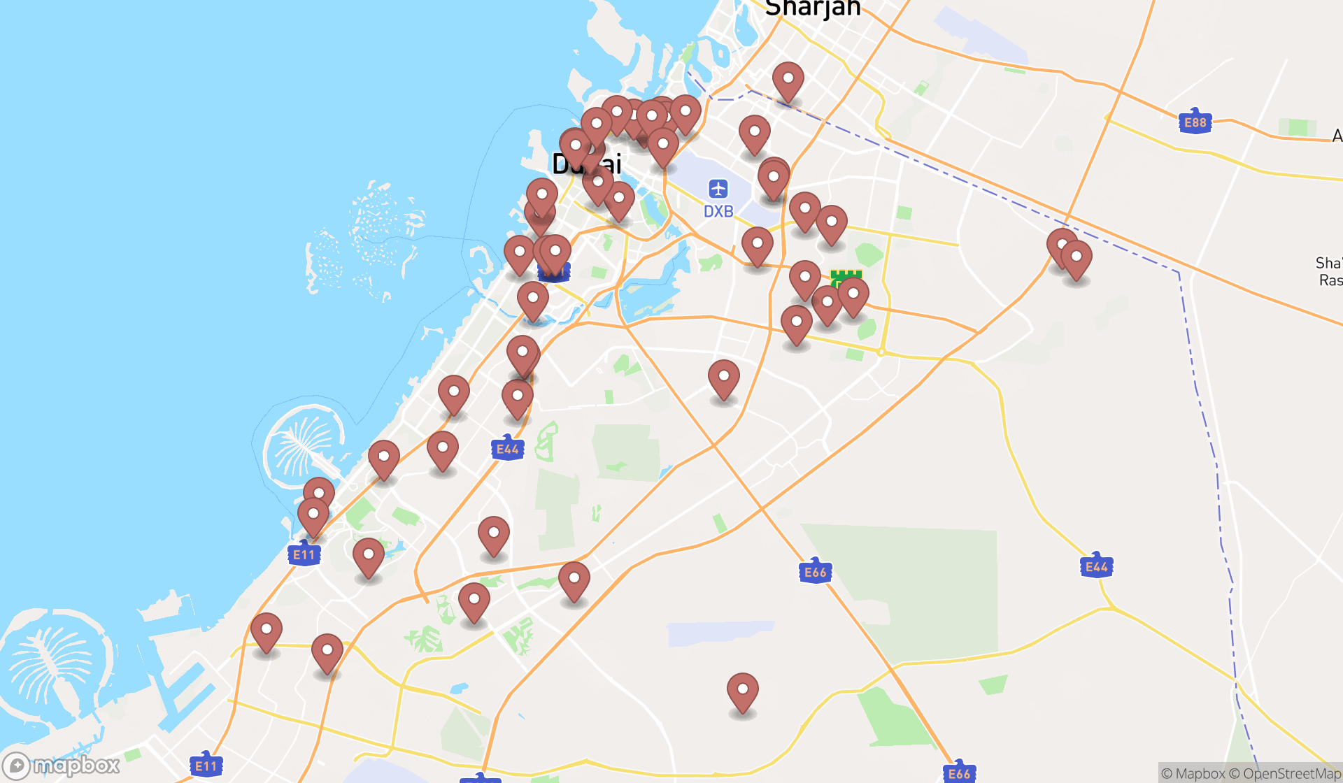 Map showing the search results in Dubai