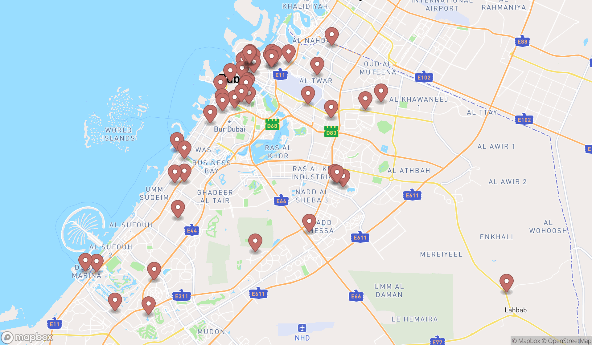 Map showing the search results in Dubai