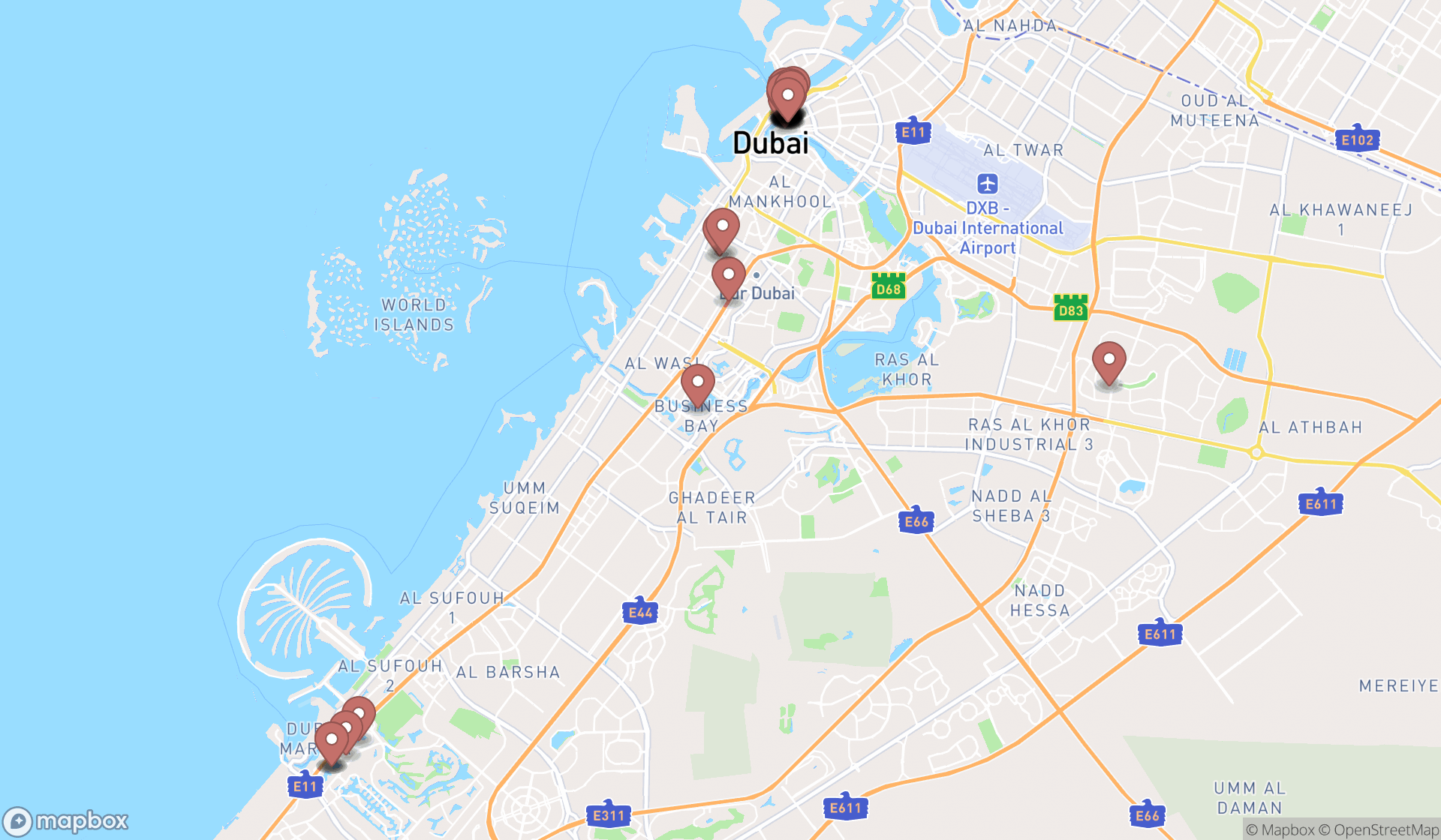 Map showing the search results in Dubai