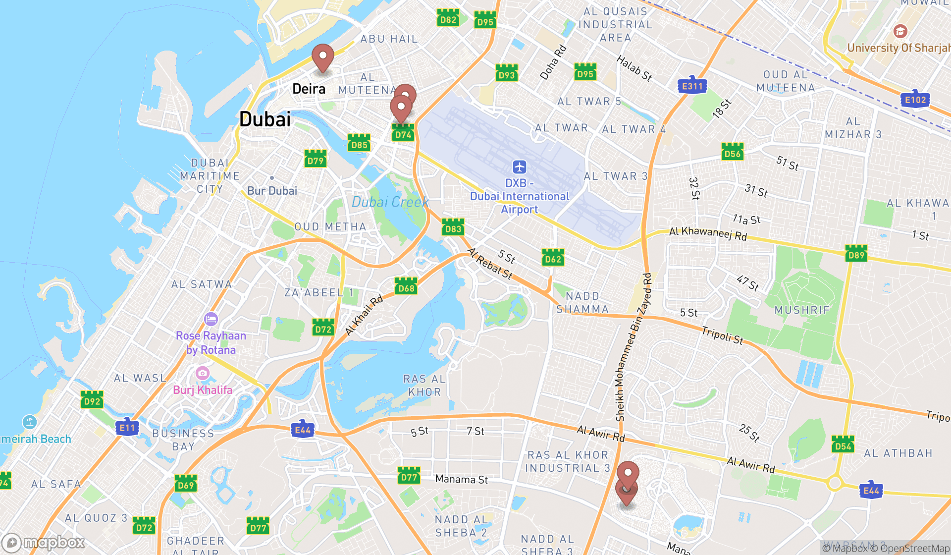 Map showing the search results in Dubai