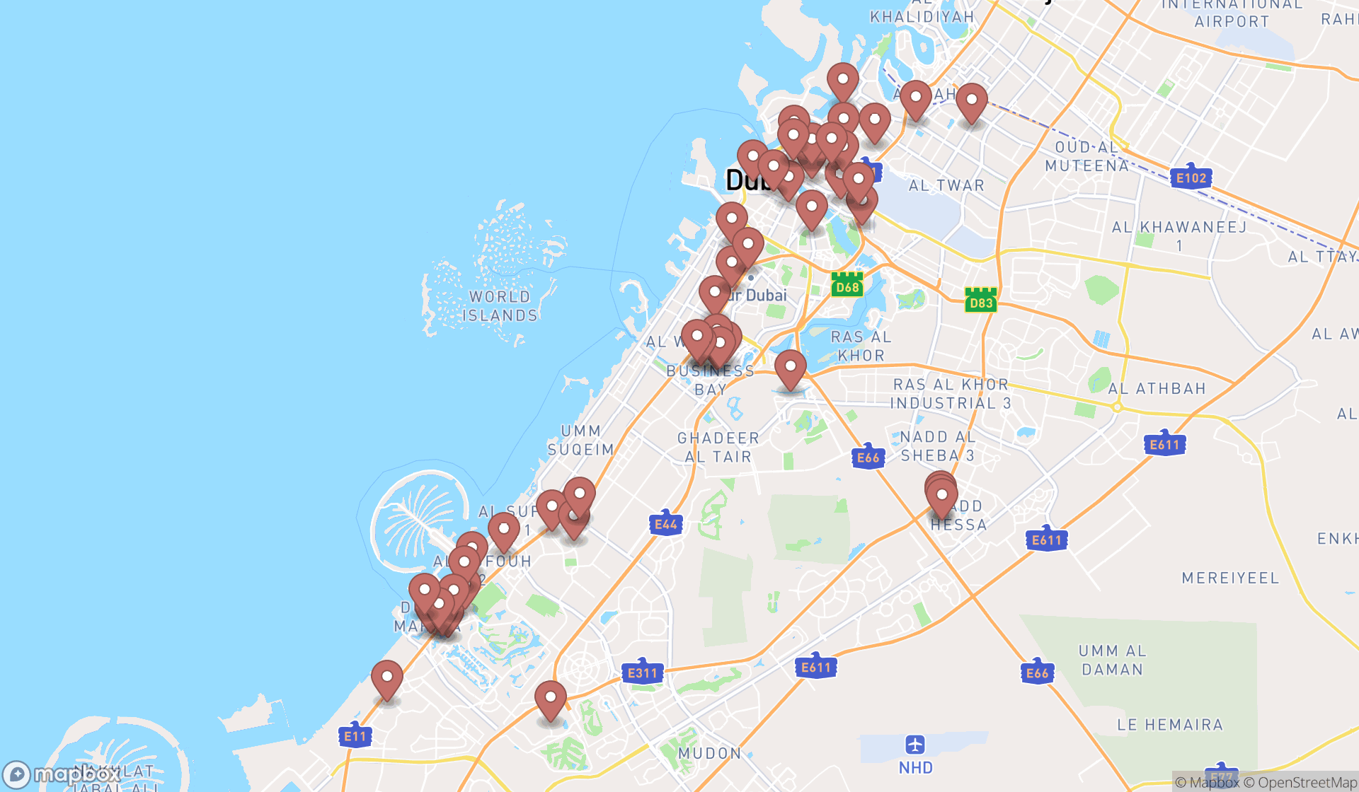 Map showing the search results in Dubai