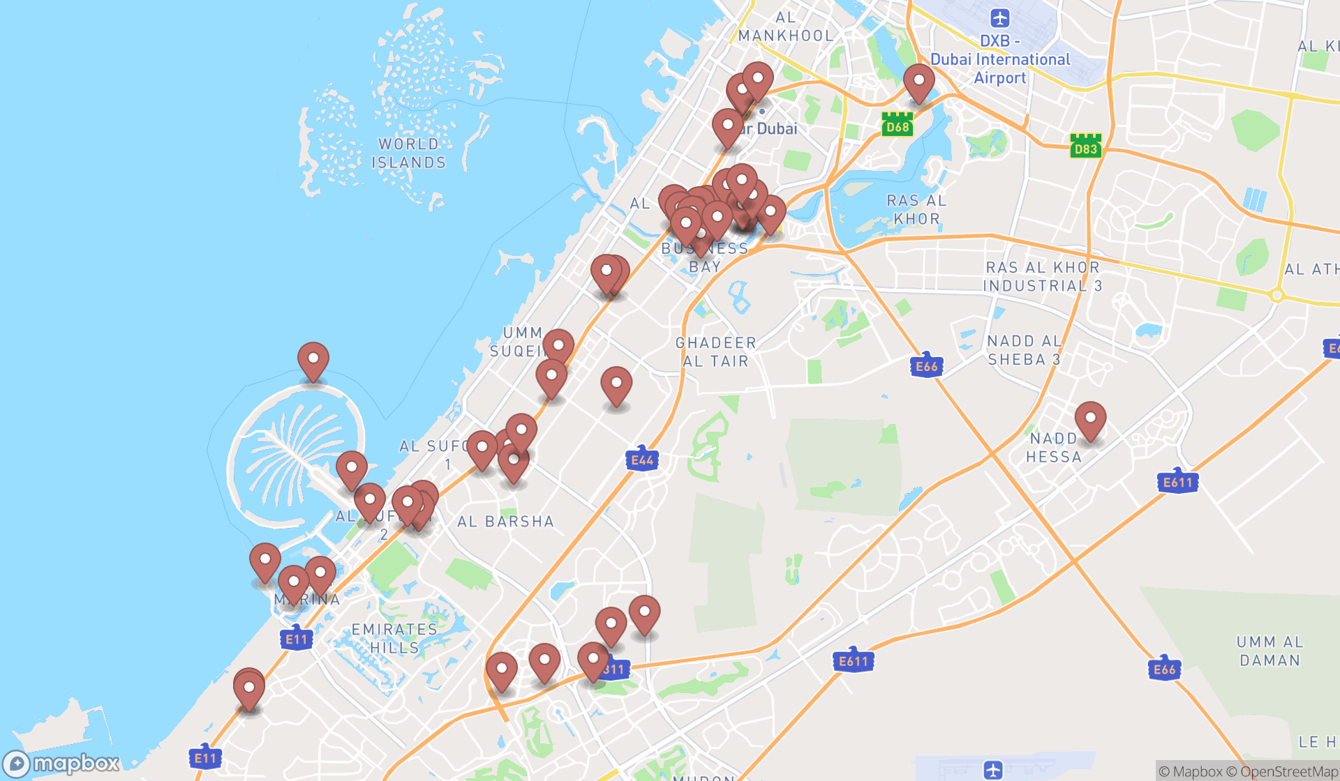 Map showing the search results in Dubai