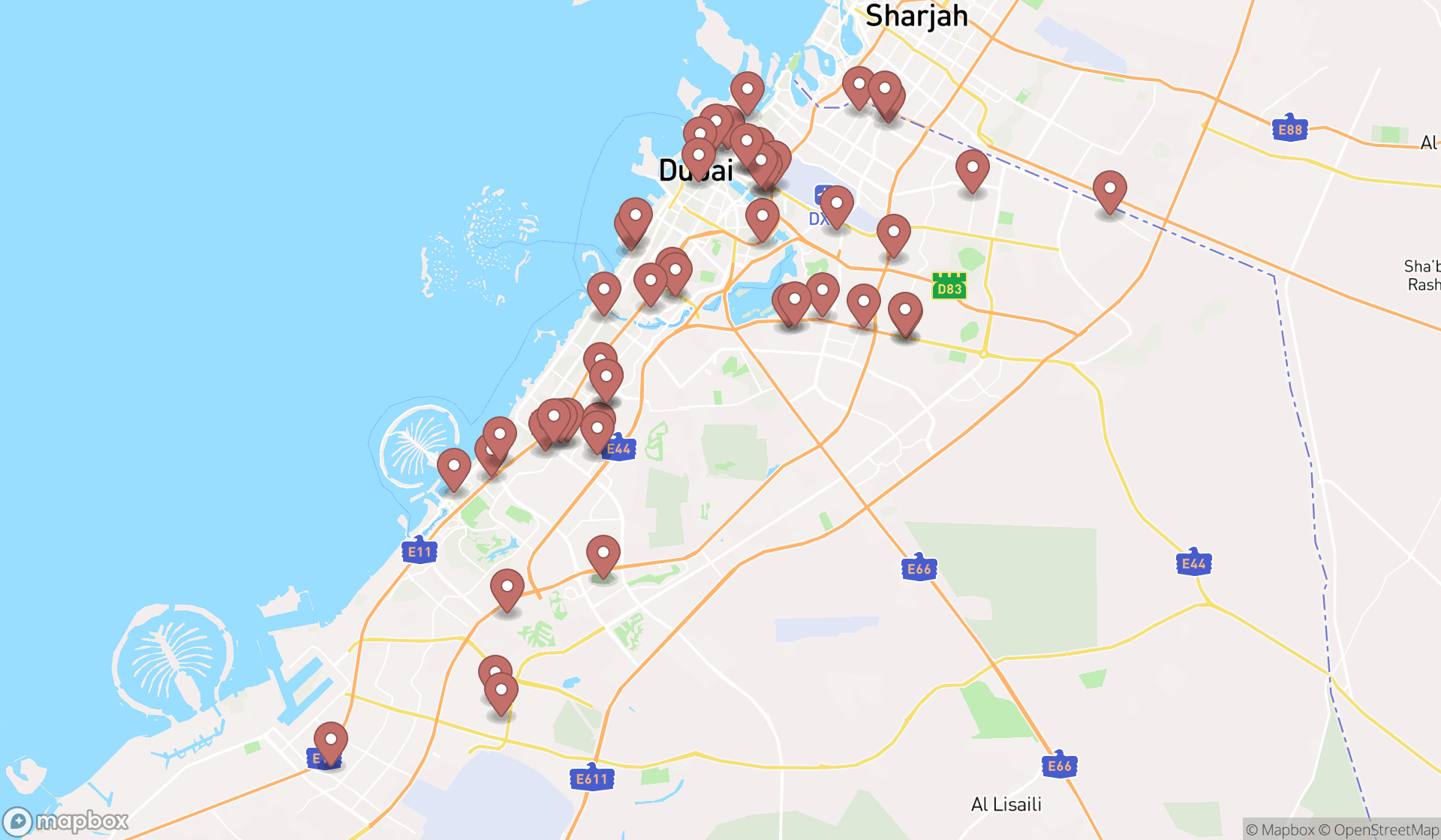 Map showing the search results in Dubai