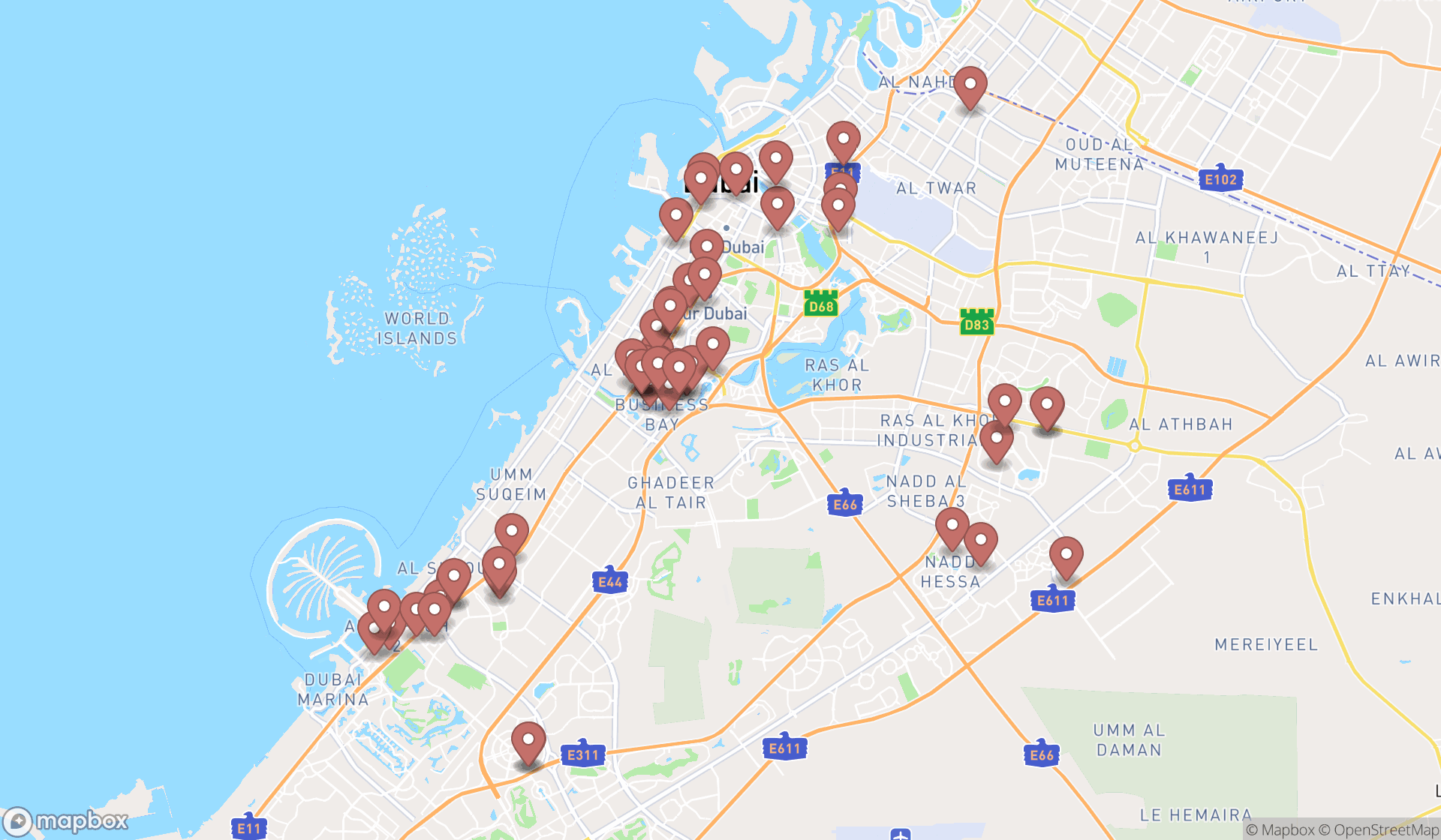Map showing the search results in Dubai