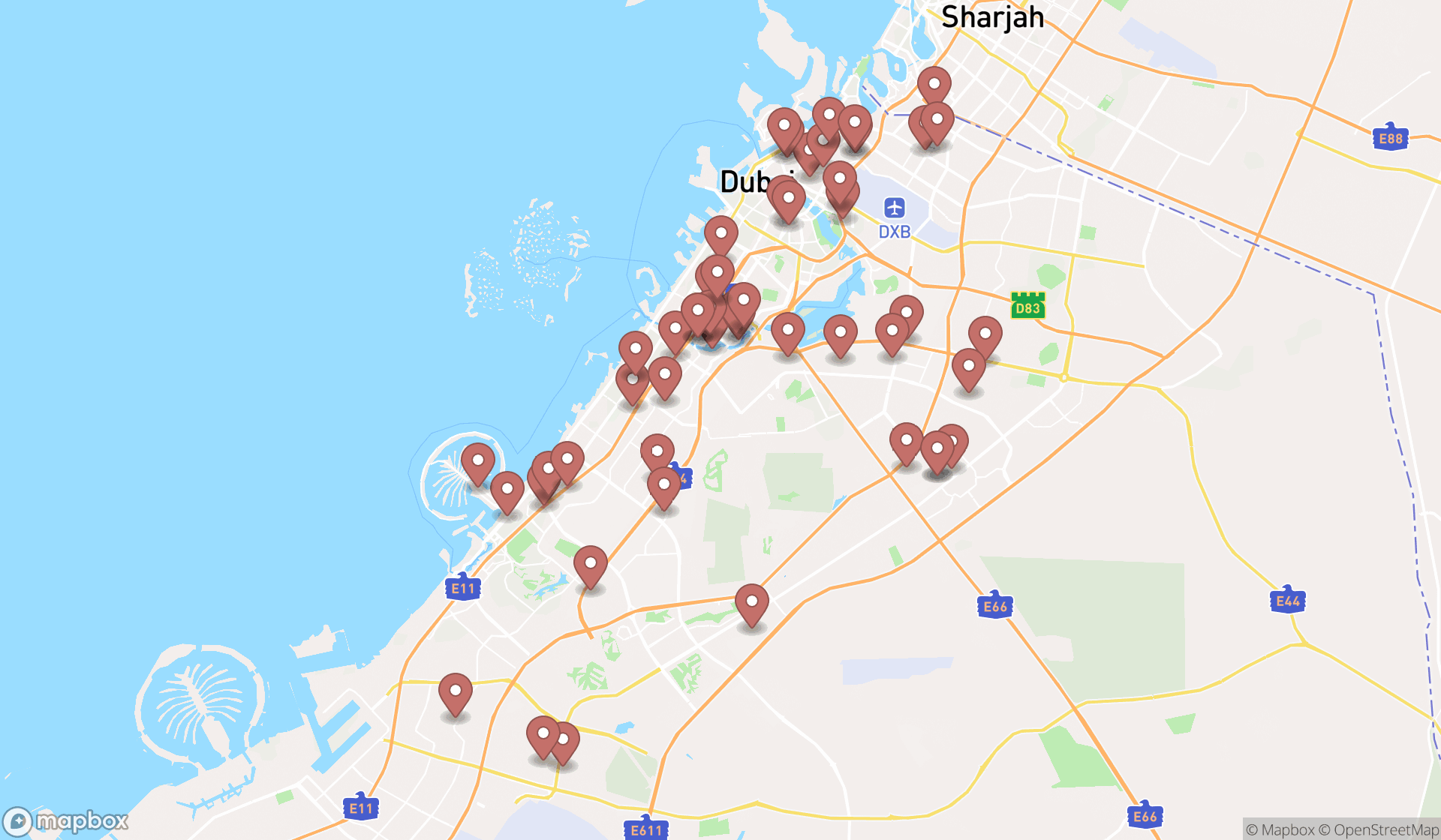 Map showing the search results in Dubai