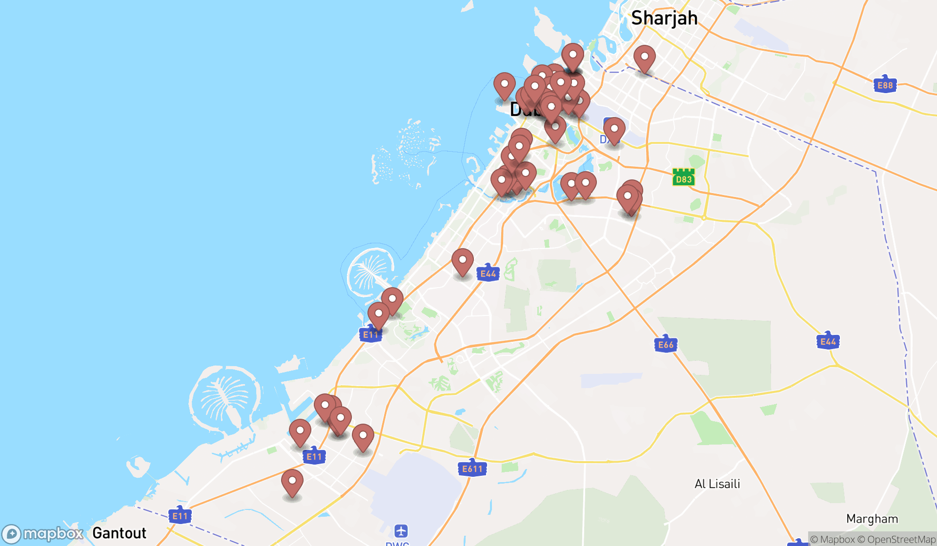 Map showing the search results in Dubai
