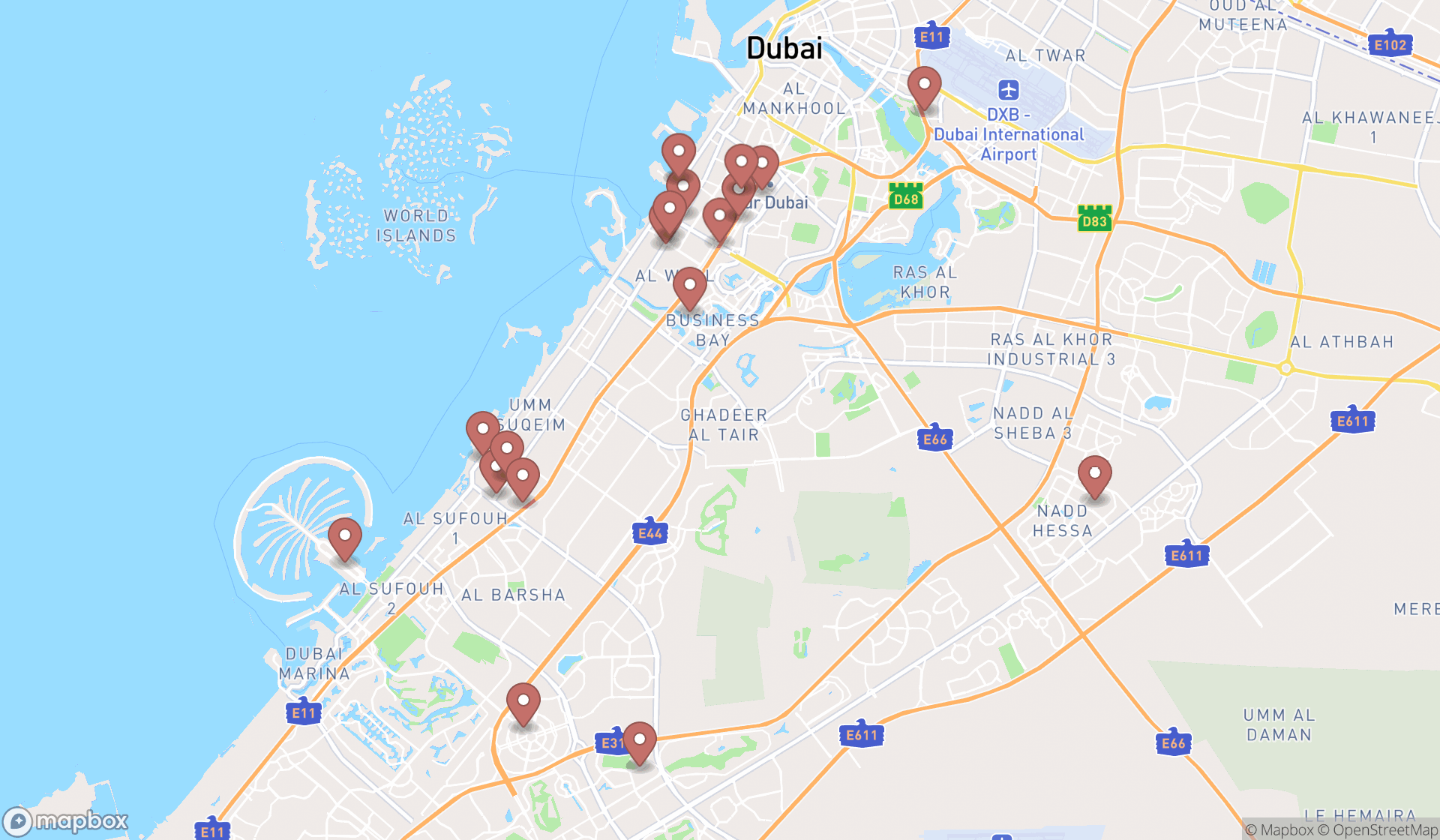 Map showing the search results in Dubai