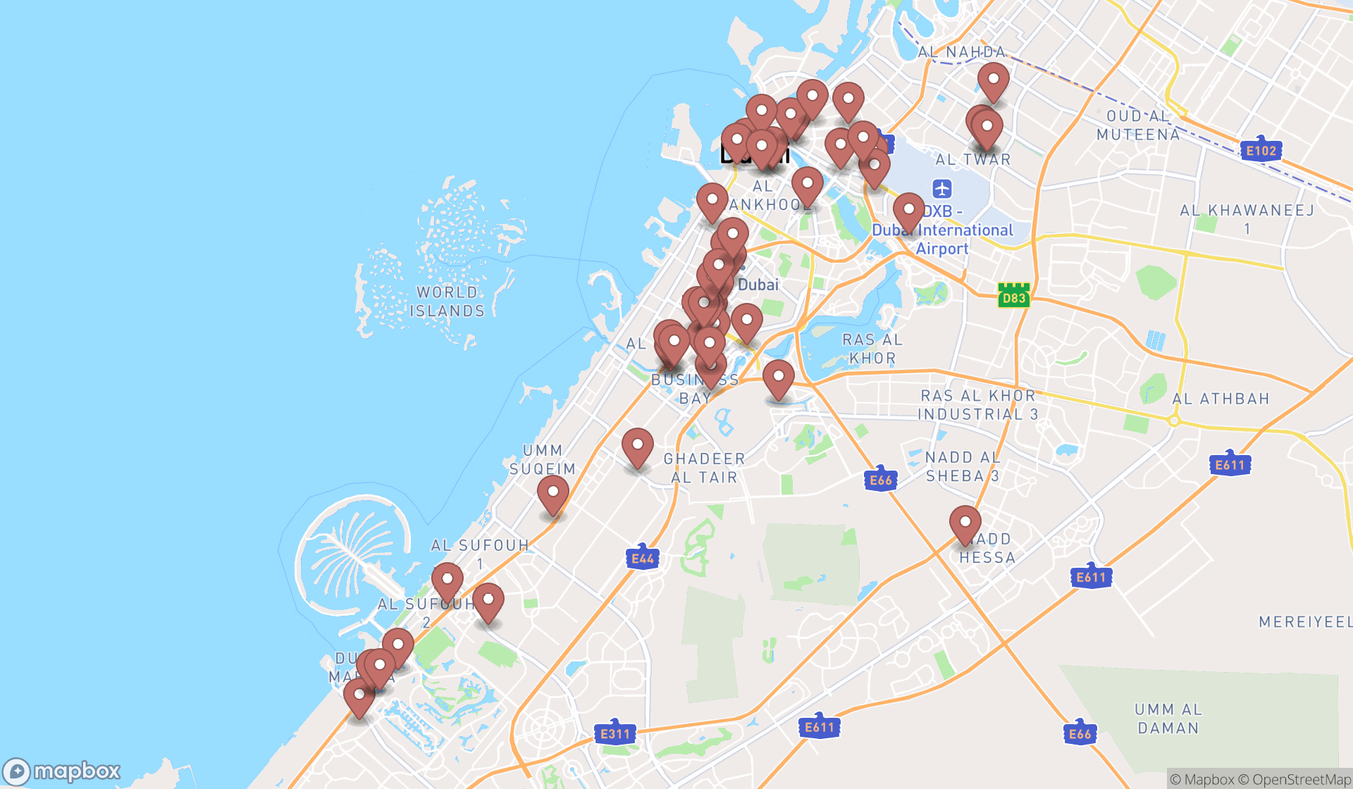Map showing the search results in Dubai