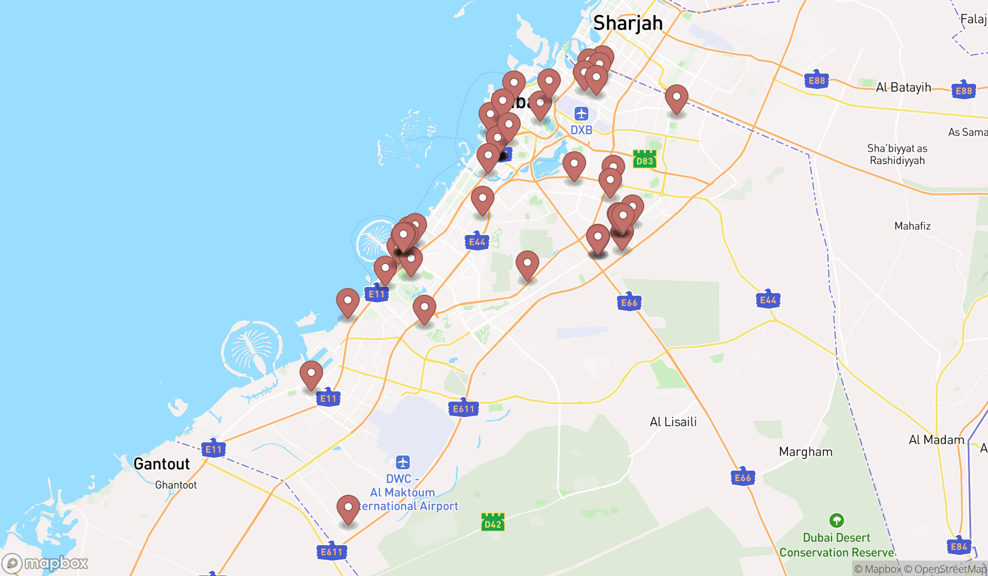 Map showing the search results in Dubai