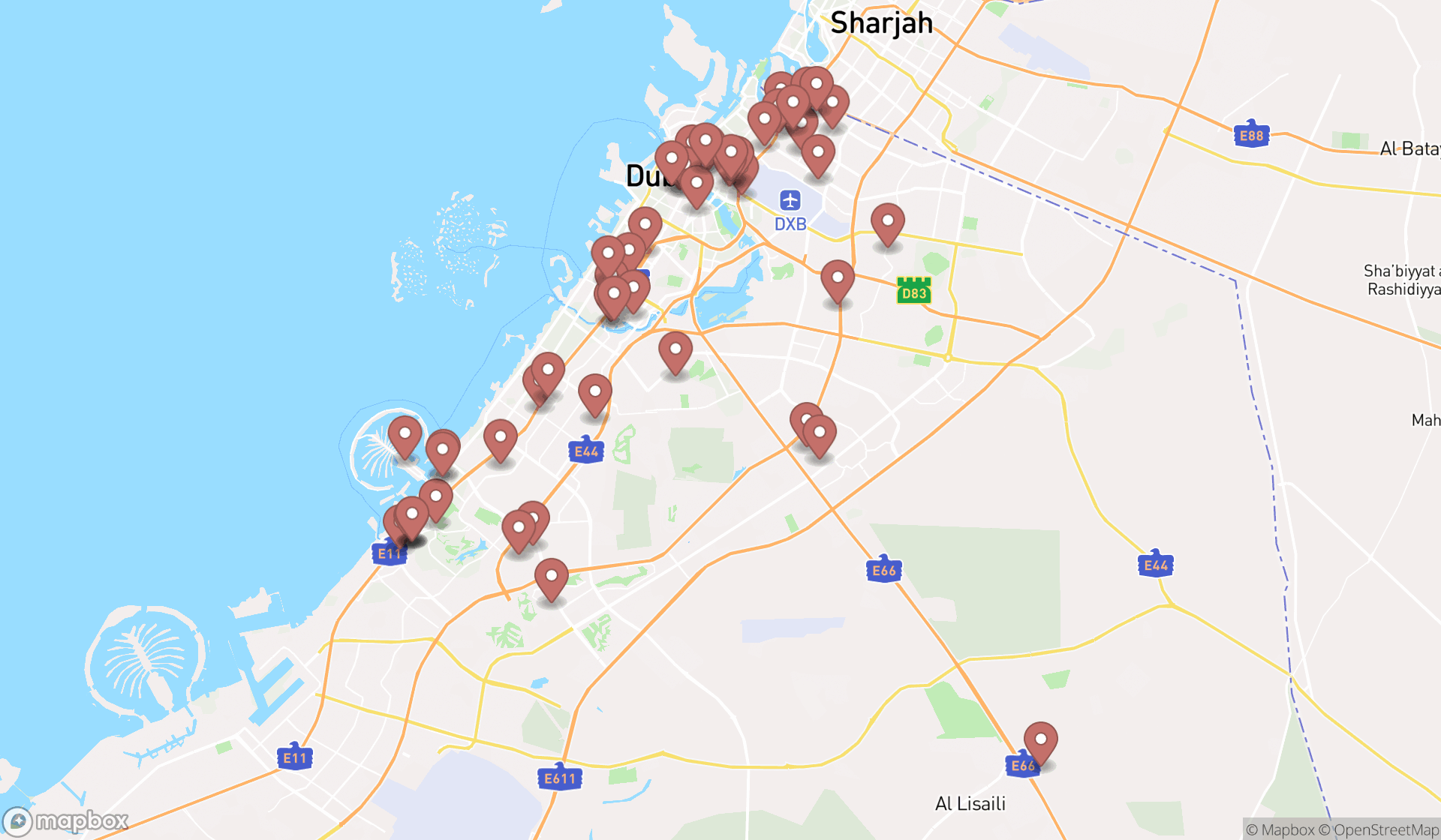 Map showing the search results in Dubai