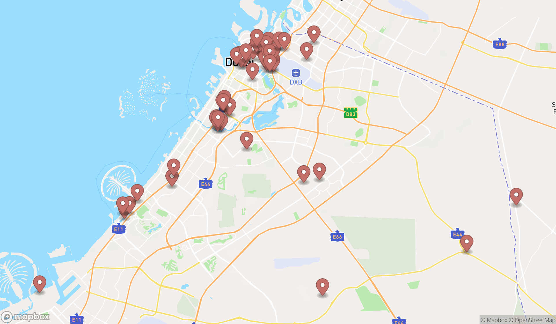 Map showing the search results in Dubai