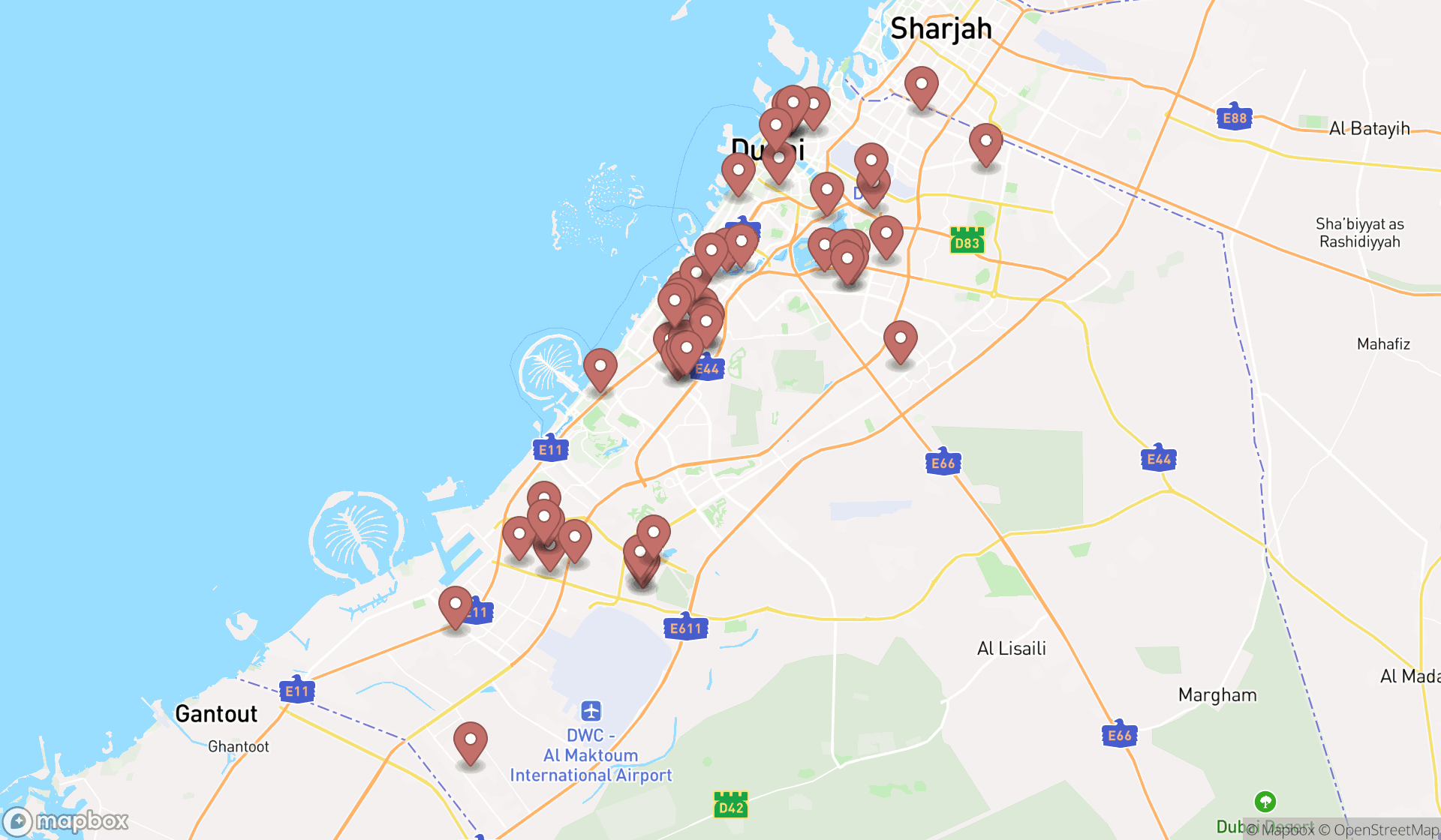 Map showing the search results in Dubai