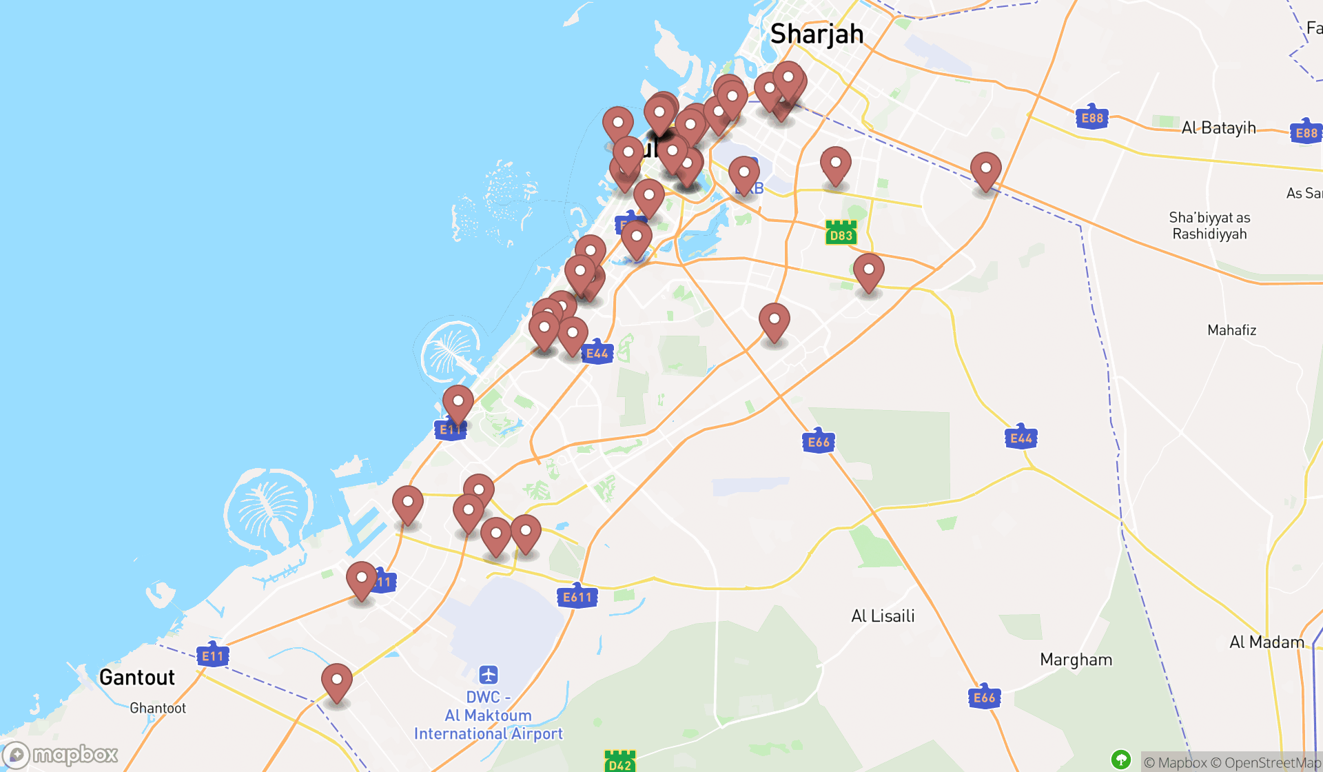 Map showing the search results in Dubai