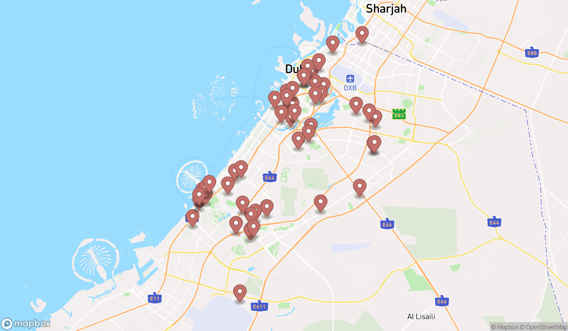Map showing the search results in Dubai
