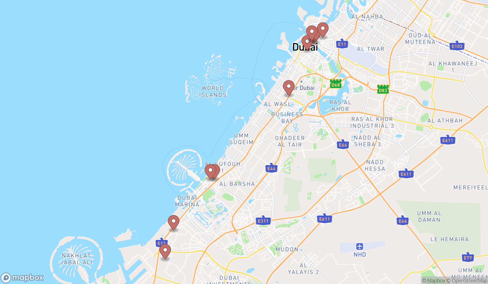 Map showing the search results in Dubai