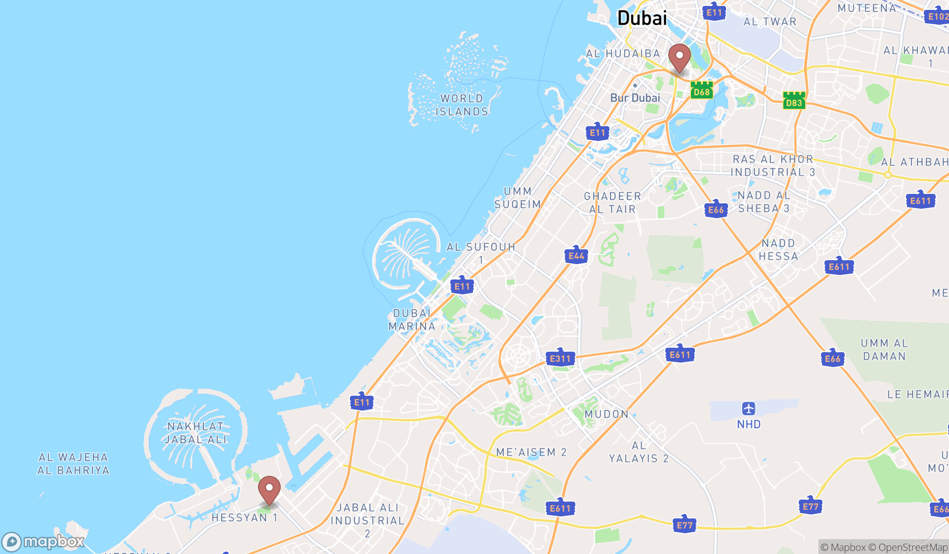 Map showing the search results in Dubai