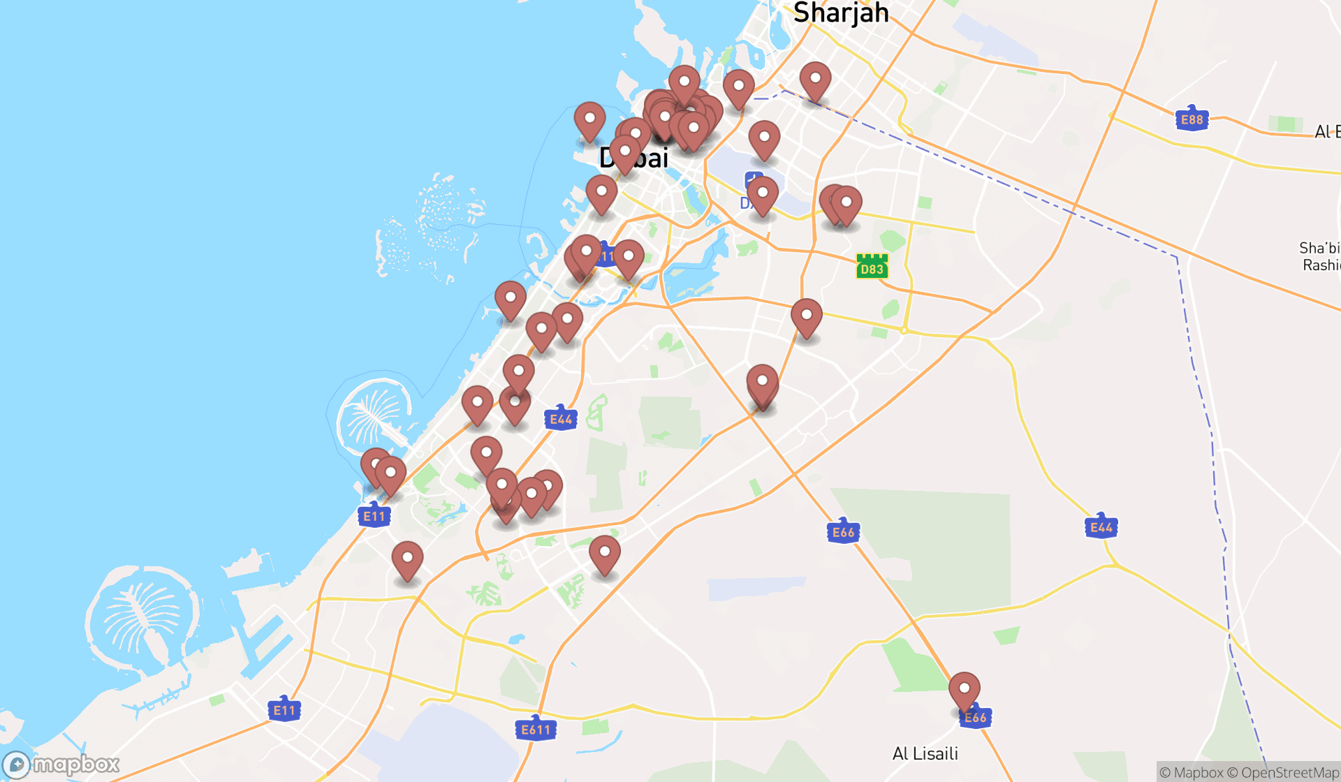Map showing the search results in Dubai