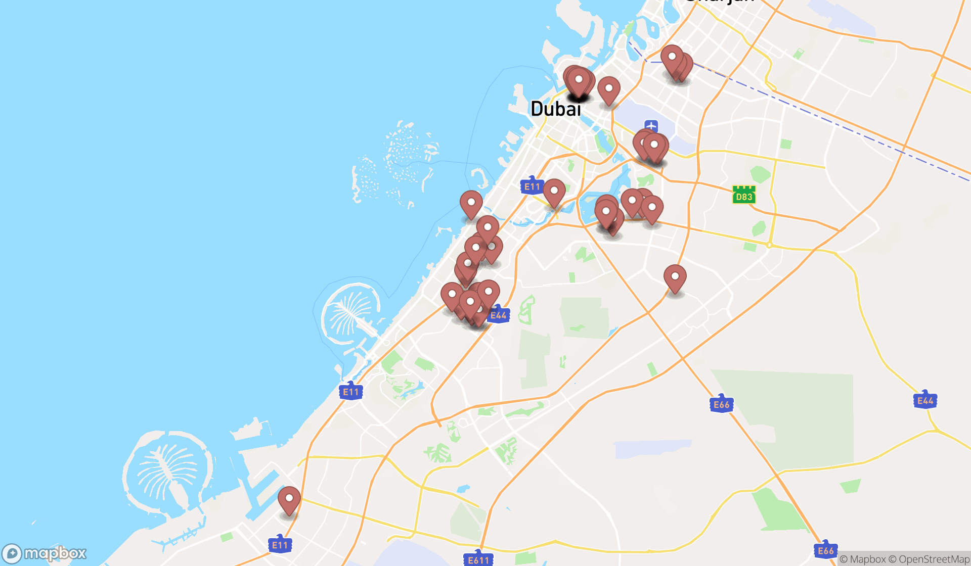 Map showing the search results in Dubai