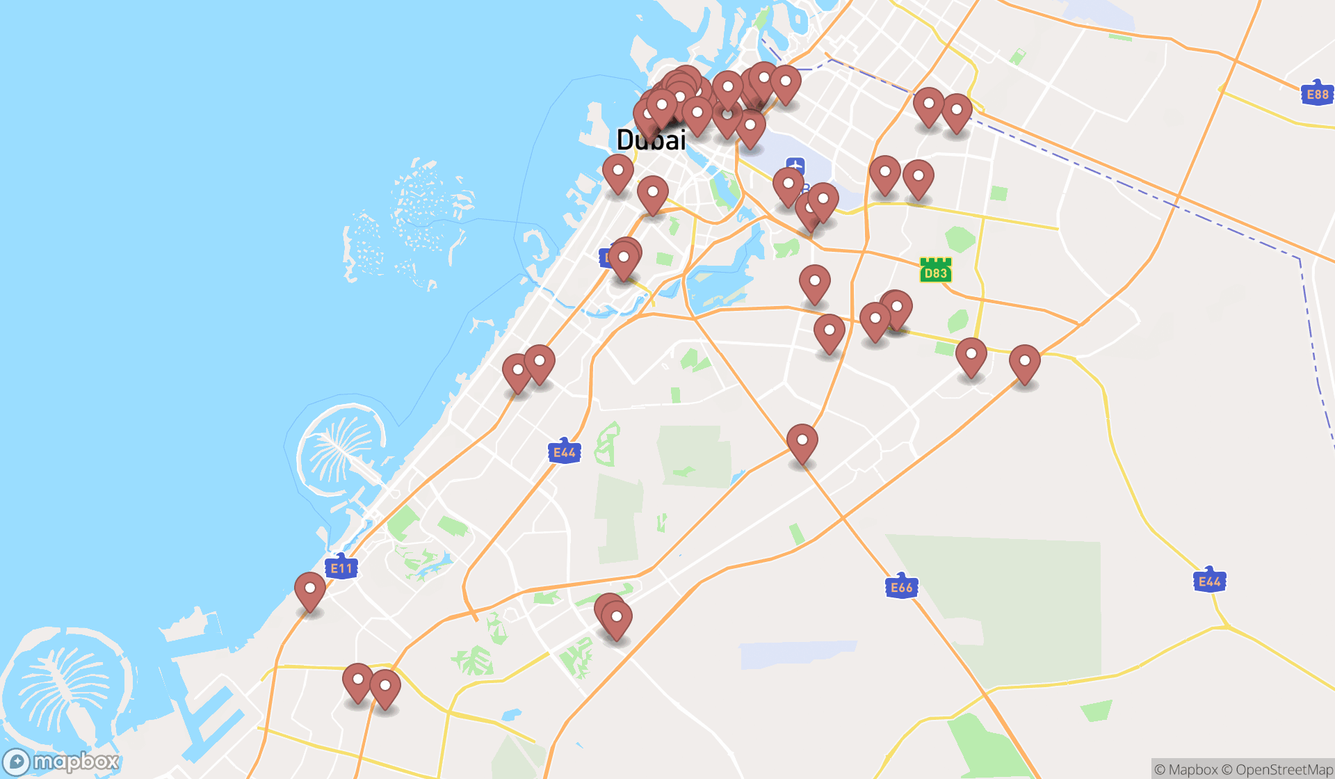 Map showing the search results in Dubai