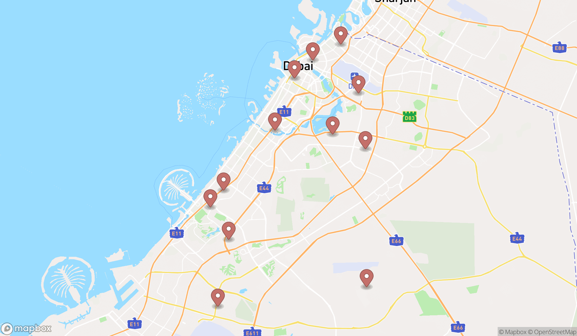 Map showing the search results in Dubai