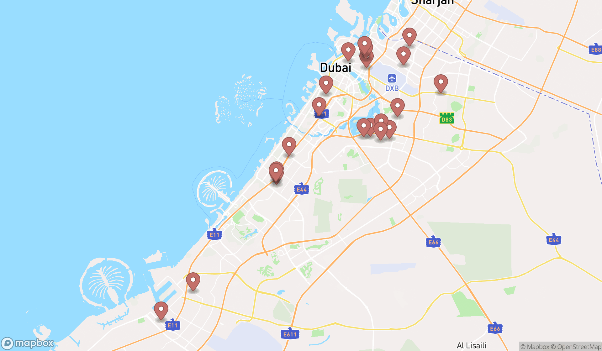 Map showing the search results in Dubai